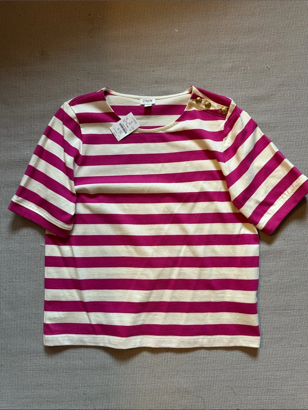 NWT J. Crew Cream and Fuchsia Striped Short Sleeve Top with Shoulder Buttons